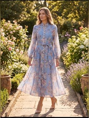 Floral Blue Midi Dress with Tie Waist small